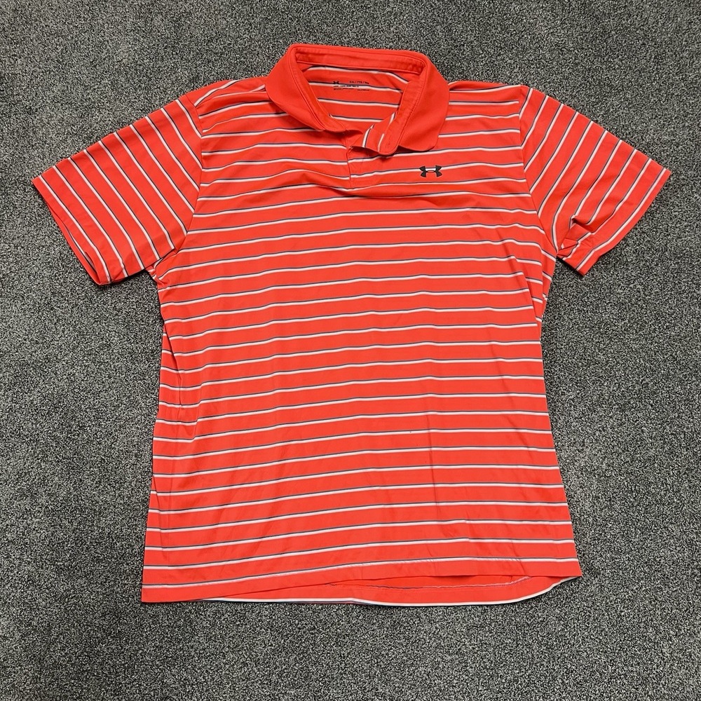 Under Armour HeatGear Striped Polo Shirt Mens XXL Orange Short Sleeve Golf Tee